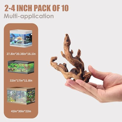 Jorewood Natural Small Aquarium Driftwood for Fish Tanks & Reptile Terrariums – Safe Fish Tank Decorations, Unique Twisted Branches 10-Piece 2-4 Inch Low Tannin, Easy to Sink - size: Mopani Driftwood 2-4" (Pack of 10)