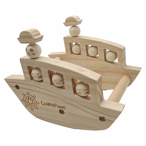 Natural Wooden Rocking Boat Perch Stand with Rotating Beads, Small & Medium Bird Playground Toy for Parakeets, Conure, Cockatiel, 7x5.5x5.3 Inch