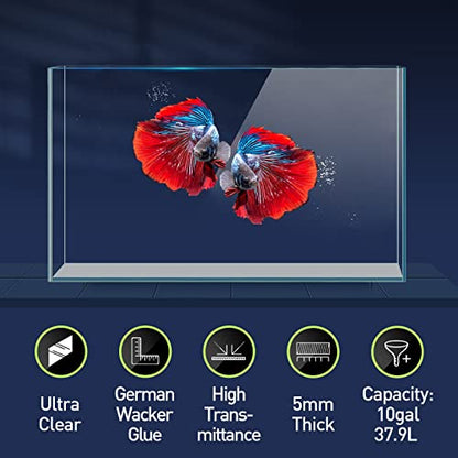 LAQUAL 10 Gallon Ultra Clear Glass Fish Tank, Rimless Low Iron Aquarium for Betta/Nano/Goldfish/Snail/Shrimp, Big Fish Tank & Cover Set & Feeding Ring & Cleaning Tools - color: 10 Gal