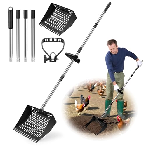 Chicken Poop Scooper, 2-in-1 Metal Chicken Coop Scoop for Sand with 22 to 64" Adjustable Handle, Multifunctional Rake & sifting Shovel Cleaning Tools for Chicken Scoop, Animal Farm, Duck Coop