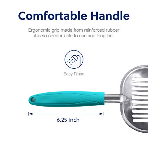 Cat Litter Scoop, Aluminum Alloy Sifter, Kitty Metal Scooper, Deep Shovel, Long Handle, Poop Sifting, Kitten Pooper Lifter, Durable, Heavy Duty, for Litter Box - color: FLAT Aluminum \ #02 Turkish Blue Handle, size: Large