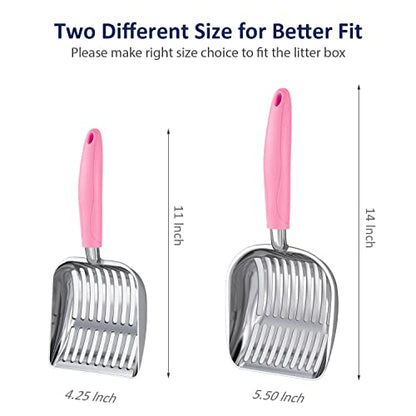 Cat Litter Scoop, Aluminum Alloy Sifter, Kitty Metal Scooper, Deep Shovel, Long Handle, Poop Sifting, Kitten Pooper Lifter, Durable, Heavy Duty, for Litter Box - color: POLISHED Aluminum \ #10 Pink Handle, size: Small