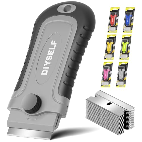 DIYSELF Razor Blade Scraper Tool with 15 Extra Razor Blades, Paint Scraper | Razor Scraper Tool for Glass, Windows, Cooktops, Oven Doors and Tile, Stove Top Cleaner with Built-In Blade Storage - color: Gray, size: 1 Pack