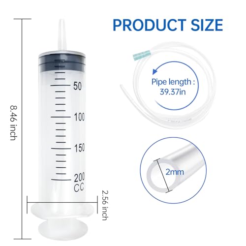 200cc Plastic Syringe - Large Syringe for Liquid with 40" Tubing, Syringes for Liquid, 4 Pack - size: 200ml