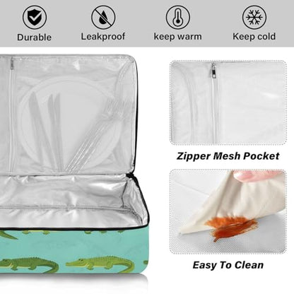 Alligators Reptiles Teal Insulated Casserole Carrier Print Food Carriers with Dish Storage Leakproof Lasagna Holder Bag for Hot Cold Food