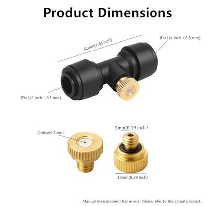 20 Pack Brass Misting Nozzles & 5 Tees - 0.3mm (0.012") Orifice for Outdoor Cooling, Greenhouse Humidification, and Dust Control, 10-24 UNC Thread Garden Mister System Fittings - style: Brass Nozzles (20)+Tee Nozzles(5)