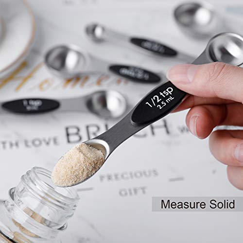 Magnetic Measuring Spoons Set Stainless Steel Stackable Measuring Spoons | Dual Sided Nesting Teaspoons Tablespoons Set of 8 for Measuring Dry and Liquid Ingredients - color: black-8