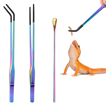 Reptile Feeding Tongs Set with Rubber Tip - 10.6" Stainless Steel Straight & Curved Tweezers and Feeding Spoon for Bearded Dragons, Lizards, Snake, Frog