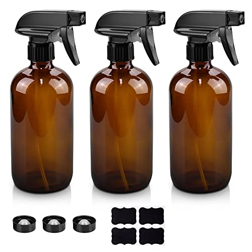 Worldgsb Glass Spray Bottles, 16oz Amber Glass Spray Bottles with Labels & Adjustable Nozzle, Reusable Containers for Cleaning, BBQ, Food, Plants, Alcohol, Essential Oils(3 Pack) - color: Amber, style: 3 Pack