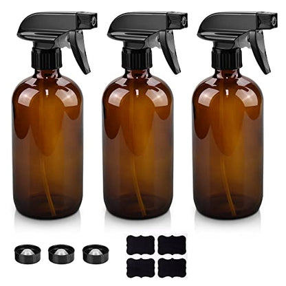 Worldgsb Glass Spray Bottles, 16oz Amber Glass Spray Bottles with Labels & Adjustable Nozzle, Reusable Containers for Cleaning, BBQ, Food, Plants, Alcohol, Essential Oils(3 Pack) - color: Amber, style: 3 Pack