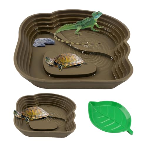 Reptile Bathing Pool, Right-Angle Detachable Design for Easy Water Changes, Internal & External Ramps for Easy Access, ABS Smooth Easy-Clean Water Dish for Small Reptiles