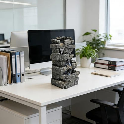 Tabletop Rock Waterfall Fountain, 4-Tier Stacked Stone, Resin, LED Lights, USB Powered, 7.08 x 5.5 x13.3Inches