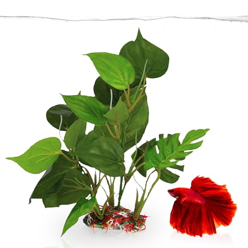SunGrow Plastic Leaf Plant, Heavy-Duty Ceramic Base, Hiding Spot for Fish, Betta, Angelfish, Gold Fish, Frog, Python, Reptiles, Amphibians (10 Inches, 1 Count) - size: 10 Inches