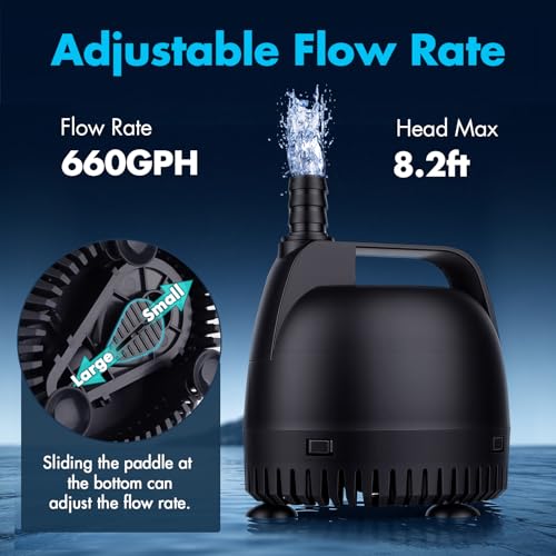 hygger 660GPH Submersible Pump Aquarium, Fish Tank Water Pump Adjustable Flow with 2 Nozzles, 8.2 ft High Lift Quiet Fountain Pump for Aquarium, Pond, Hydroponics, Water Garden - size: M