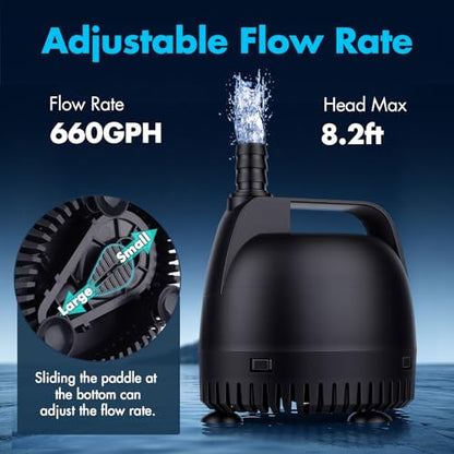 hygger 660GPH Submersible Pump Aquarium, Fish Tank Water Pump Adjustable Flow with 2 Nozzles, 8.2 ft High Lift Quiet Fountain Pump for Aquarium, Pond, Hydroponics, Water Garden - size: M