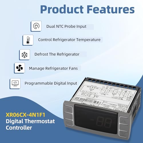 for Dixell XR06CX-4N1F1 Temperature Controllers, Programmable Digital Thermostat with Sensor Probe Fit for 120V 50-60hz Commercial Refrigerators/Freezer (Includes Mounting Hardware)