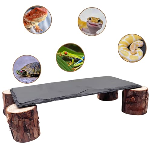 Bearded Dragon Basking Platform, Slate Rocks for Reptiles with Wooden Pile, Leopard Gecko Hides and Caves, Reptile Tank Accessories for Bearded Dragons, Geckos, Ball Pythons, Tortoise (Black, Small) - size: Small