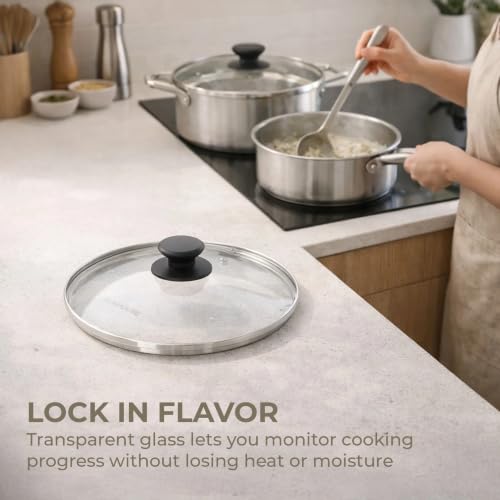 Sunhouse: Tempered Glass Cookware Lid - 10 Inch - Stainless Steel Rim, Heat-Resistant Knob, For Frying Pans-Pots-Woks-Skillets, Oven-Dishwasher Safe | Clear Replacement Cover for Frying Pans, Pots, Cast Iron Skillet - Stainless Steel Rim - Dishwasher & Ov