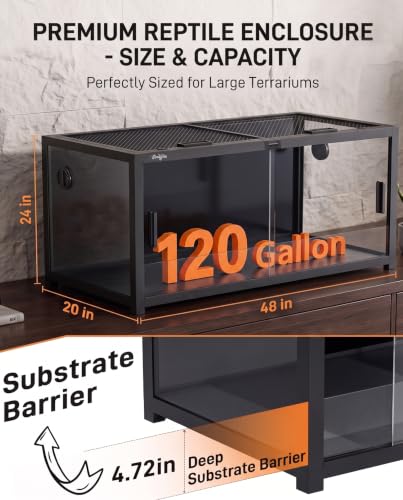 120 Gallon Reptile Tank, 4x2x2 Reptile Enclosure Front Sliding Door | Stackable ventilation 120 Gallon Bearded Dragon Tank anti-escape locks and no-fingerprint handles maximizes UVB transmissionn - color: Black, size: 120 Gallon
