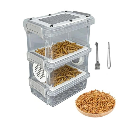 Mealworm Breeding Kit, 3 Layer Breed Live Feeder Worm Farm for Reptiles, High Capacity Mealworm Farm for Reptiles, Bearded Dragons, Leopard Geckos, Birds, Chickens, Lizards