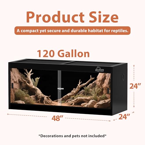 4x2x2 (120 Gallon) PVC Reptile Enclosure, RepWild Terrarium/Tank with Heavy-Duty Screen Top, Glass Sliding Doors & Lock for Bearded Dragons, Ball Python, Geckos, Lizards - size: 48"W x 24"D x 24"H