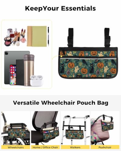 Halloween Wheelchair Bag with Cup Holder Walker Bag with Reflective Stripes for Seniors Wheel Chair Accessories Orange Scary Pumpkin Ghosts Birds Snake Cats Wheelchair Side Bags for Rollator