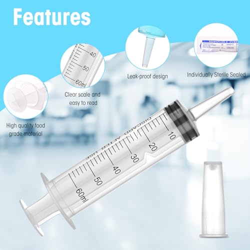 60ml Syringes without Needle, Large Plastic Liquid Syringe, 4 Pack | With Adapter for Pet Feeding, Plant Irrigation, Scientific Labs, Measuring Liquids, Individually Wrapped