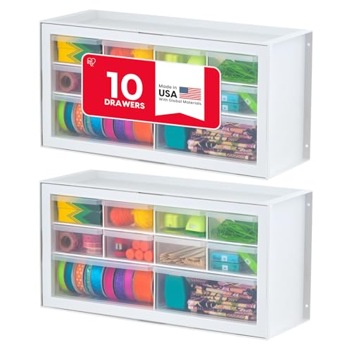 IRIS USA 10-Drawer Organizer, 2 Pack, Makeup Tool Craft Storage, White | Wall mountable, Stackable Teacher Toolbox, Beads, Building Bricks, Water Packets, Screws, Hardware - color: White, size: 10 Drawer - 2 Pack