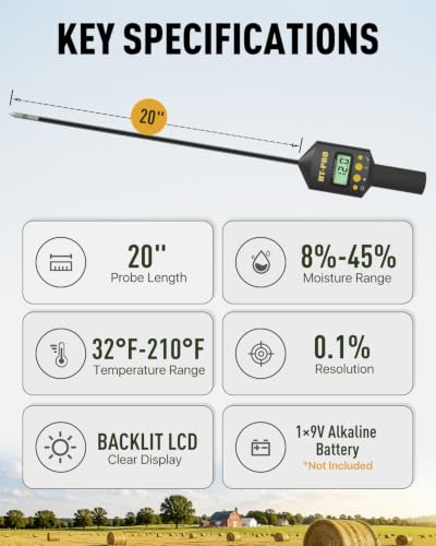 Hay Moisture Tester with 20" Probe, Moisture & Temperature Meter for Round and Square Hay Bales, Fast Backlit Readings, Calibration Clip Included, BlackYellow - color: Blackyellow
