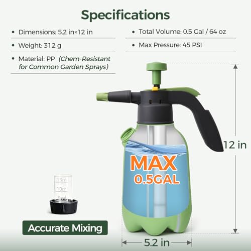 T4U Pump Sprayer 0.5 Gallon, Garden Spray Bottle with Short Nozzle | Hand pressure sprayer with adjustable brass nozzle for plant watering, lawn care, fertilizing, pest control and home cleaning - size: Short Nozzle