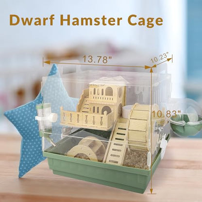 Cycodo 8 in 1 Acrylic Hamster Cage,2-Tier Dwarf Hamster Cage with Wooden Wheel & Hideout,Small Hamster Habitat with Accessories,Clear Pet Mice House(Green,14" L*10" W*11" H) - color: Green