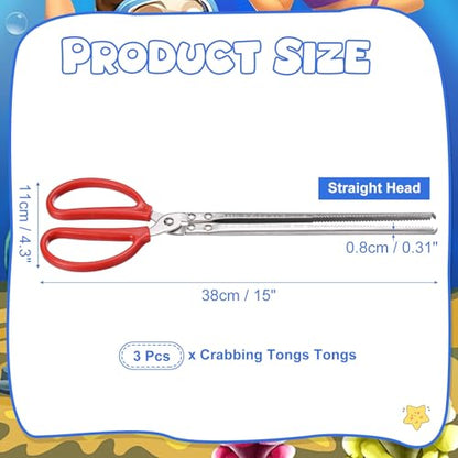 uxcell 3 Pcs Crabbing Tongs, 15" Metal Serrated Extra Long Loach Tong Beach Reptile Catching Clip Garbage Clip with Straight and Bent Heads for Lobsters Loach Other Reptile, Red - size: 15"