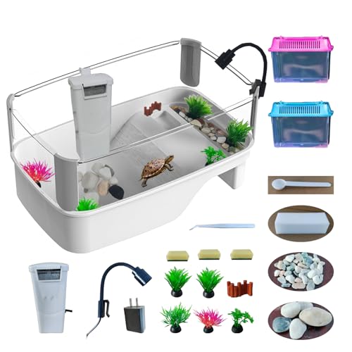 Small Turtle Tank Habitat Kit with Basking Platform, for Turtles, Crayfish, Crab, Aquatic Tortoise Enclosure Starter Aquarium, Pet Turtle Reptile Habitat - size: 13.8IN