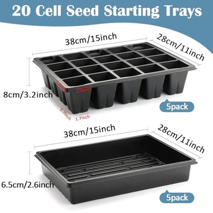 RooTrimmer 2.5 inch Square Pots 3.5 inch Deep 20 Cell Seedling Trays with Water Collection Nursery Trays (15"x11"x3") for Seeds Starting and Transplanting(5 Sets) - size: 20 Cell Plug Trays + Flat Trays-5P