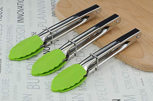 HINMAY 7" Mini Tongs with Silicone Tips, Set of 3 (Green) | 7 Inches Silicone Cooking Tongs - color: Green