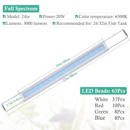 HITOP Full Spectrum LED Aquarium Light – 24-32" Classic Fish Tank Light with Timer, Aquarium Plant Light with Stable Extendable Brackets (24-32in) - size: 24-32in