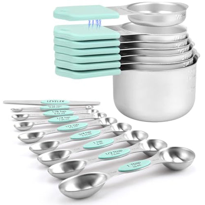 HOUJIP Magnetic Measuring Cups and Spoons Set-304 Stainless Steel,Mint | Double Measurement Markings,BPA-Free,Set of 16 with Leveler for Measuring Dry and Liquid Ingredients - color: Mint