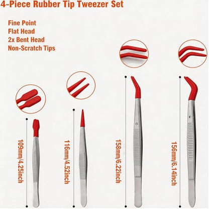 4 Pcs Rubber Tip Tweezers Set, Non-Scratch PVC Coated Tips - Fine Point, Flat & Bent Head Tweezers for Crafts, Jewelry Making, Electronics, Eyelash Extensions - Red - color: Red