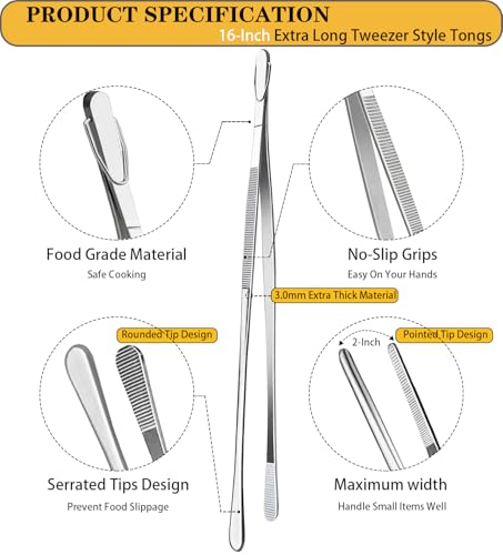 JETKONG 2 Pcs 16-Inch Kitchen Tweezers Extra Long Tweezer Tongs, Heavy Duty Stainless Steel Cooking Tweezers (Silver) - color: Silver, size: 16+16 Inch