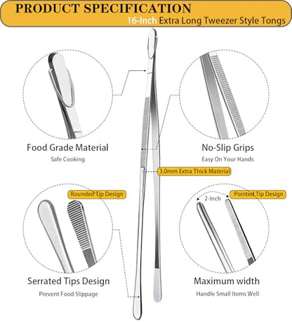 JETKONG 2 Pcs 16-Inch Kitchen Tweezers Extra Long Tweezer Tongs, Heavy Duty Stainless Steel Cooking Tweezers (Silver) - color: Silver, size: 16+16 Inch