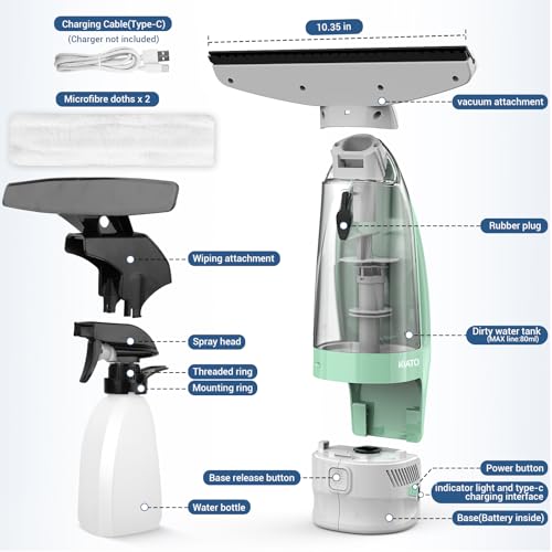 Kiato Window Vacuum Squeegee Cordless, Electric Window Vac, Rechargeable Window Cleaner with Spray Bottle, for Cleaning Windows, Mirrors, Glass, 2200mA, WC10