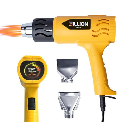 Heat Gun, BILLION GOLD 1800W Hot Air Gun 752℉-1112℉ with 2 Temperature Setting, Heat Gun for Crafting, Shrink Tubing, Paint Removing - 2 Nozzles - color: Yellow-2