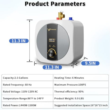 2.5 Gallon Mini Tank Electric Water Heater – 1500W 110V Under Sink Instant Hot Water Heater with Digital Display & Pressure Relief Valve, Compact Space-Saving Design for Kitchen, Bathroom, RV & Camper