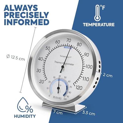 Analog Thermometer – Hygrometer – Thermometer for Indoor – Premium Stainless Steel Temperature Gauge Indicator – Battery Free Operated Temperature and Humidity Monitor – High Accuracy - Ø 12.5
