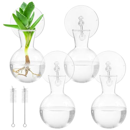 4 Pack Glass Propagation Vases for Plants, Hanging Window Planters with 4 Suction Cups and 2 Brushes, Glass Plant Terrarium Vase, for Water Cultivating, Home Decor, Housewarming Present