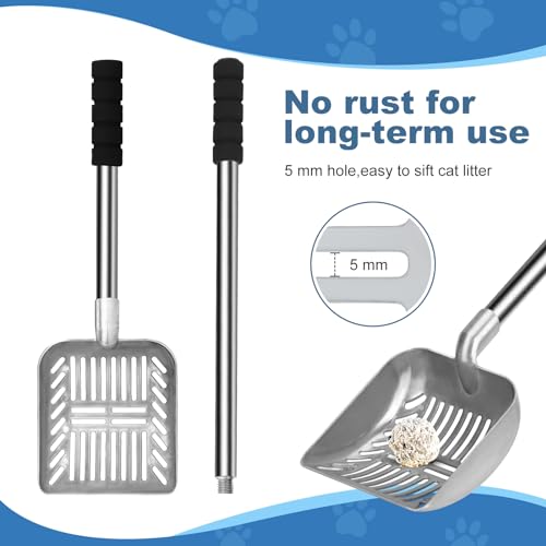 Cat Litter Spoon Metal Removable Stainless Steel Long Handle Cat Litter Screen Non-Stick Coated with Adjustable Handle and Soft Grip Heavy Duty Pet Cat Litter Shovel with 1 Pcs Hook - size: 16in-31in