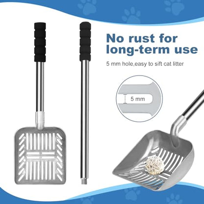 Cat Litter Spoon Metal Removable Stainless Steel Long Handle Cat Litter Screen Non-Stick Coated with Adjustable Handle and Soft Grip Heavy Duty Pet Cat Litter Shovel with 1 Pcs Hook - size: 16in-31in
