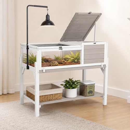Large Tortoise Habitat with Adjustable Lamp Stand & Storage Shelf, Wooden Tortoise Enclosure with Viewing Window, Pull-Out Tray, 2-Room Reptile Turtle Enclosure House Indoor & Outdoor, Grey - size: 40.4"L x 23"W x 32"H