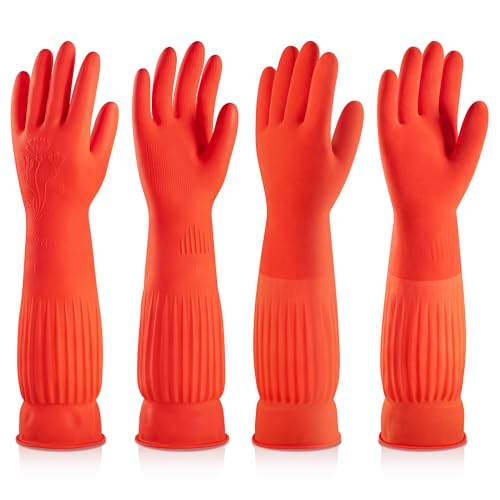 ThxToms Rubber Dishwashing Cleaning Gloves (2-Pair) - Fleece Lined | Reusable Long Dish Gloves for Washing Dishes, Waterproof Kitchen Gloves with Extra-Long Cuff & Anti-Slip Design, Small - size: Small (Pack of 4)