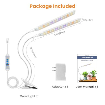 Kullsinss Clip-on Grow Lights for Indoor Plants, 114 LEDs 15W Plant Light | White 2-Gooseneck Plant Lamp for Seedlings, Full Spectrum Growing Lamp with Red/Blue/Yellow/White LEDs, Timer & Dimmable - size: 2 Heads-White